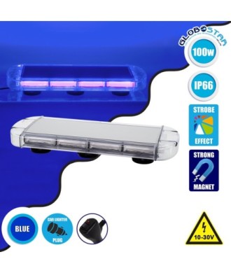 GloboStar® 85182 PRO Series Φάρος Σήμανσης Οχήματος Αστυνομίας για Αυτοκίνητα & Φορτηγά 6 Προγραμμάτων Φωτισμού STROBE LED COB 100W DC 10-30V Αδιάβροχος IP66 Μπλε